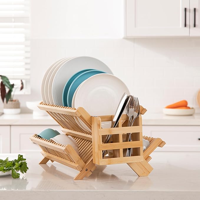HBlife Bamboo Dish Drying Rack with Utensils Flatware Holder Set, 3-Tier Large Folding Drying Holder for Kitchen Counter, Collapsible Drainer - Image 3