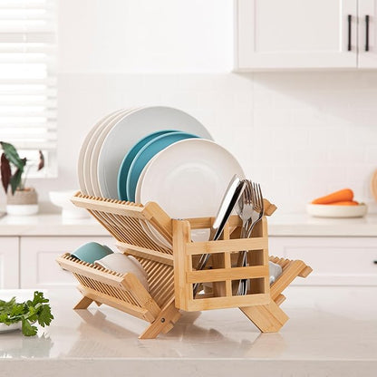 HBlife Bamboo Dish Drying Rack with Utensils Flatware Holder Set, 3-Tier Large Folding Drying Holder for Kitchen Counter, Collapsible Drainer - Image 3