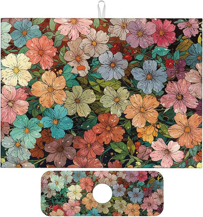 Colorful Wildflowers Dish Drying Mat for Kitchen Counter, 18"x24" Microfiber Absorbent Fast Dry Mat, 2Pcs Dish Mat Faucet Mats Sets, Large Drying Kitchen Mat Kitchen Drying Pad Coffee Bar Decor Gifts