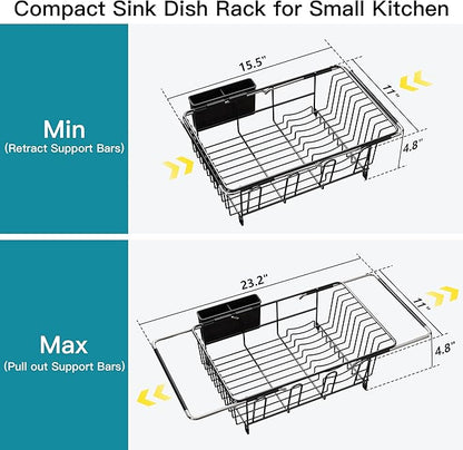 Dish Drying Rack Over the Sink In Stainless Steel Black Expandable Drainer for Small Kitchen, Counter Space Saving Compact Inside Sink Plate Dryer, Adjustable Hanging Metal Wire Strainer Drain Holder - Image 4