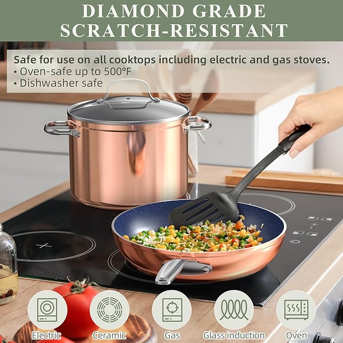 Nuwave Healthy Duralon Blue Ceramic Nonstick Cookware Set, Diamond Infused Scratch-Resistant, PFAS Free, Dishwasher & Oven Safe, Induction Ready & Evenly Heats,Tempered Glass Lids & Stay-Cool Handles - Image 4