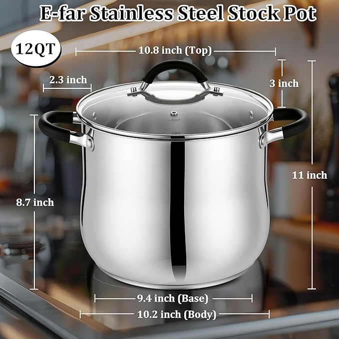 E-far 12 Quart Stock Pot, Stainless Steel Pot with Lid for Cooking Soup Simmering Stew, Tall Induction Pot w/Tri-Ply Thick Base, Large Cooking Pot w/Dual Heat Proof Handles, No-Toxic & Dishwasher Safe - Image 2
