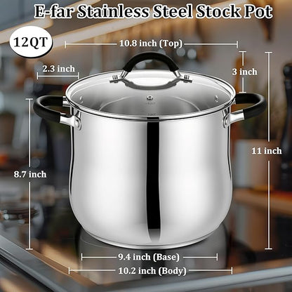 E-far 12 Quart Stock Pot, Stainless Steel Pot with Lid for Cooking Soup Simmering Stew, Tall Induction Pot w/Tri-Ply Thick Base, Large Cooking Pot w/Dual Heat Proof Handles, No-Toxic & Dishwasher Safe - Image 2
