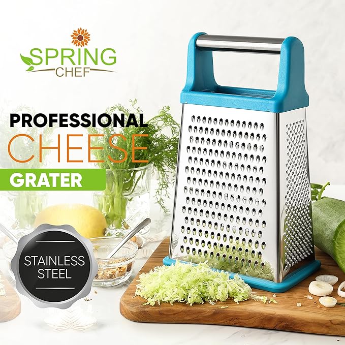 Spring Chef Handheld Stainless Steel XL Parmesan Cheese Grater with Handle - 4 Sided Metal Box Grater for Kitchen - Dishwasher Safe Potato Shredder for Hash Browns, Potato, Carrot, Vegetables - Teal - Image 2