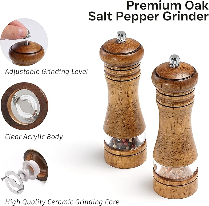 Wooden Salt and Pepper Grinder Set, Premium Oak Wood Salt Grinders Shakers, Manual Pepper Mill with Acrylic Clear Window, Adjustable Ceramic Grinder for Kitchen, Restaurant, Gifts - 6 inches, 2 Pack