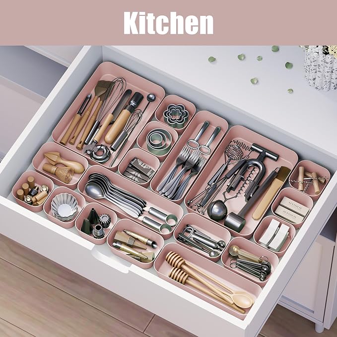 Plastic Drawer Organizers, 18 PCS Bathroom Drawer Organizer Bins, Desk and Vanity Organizer Plastic Tray, Makeup organizer and storage for Bedroom, Kitchen Gadgets Utensils and Office (Pink) - Image 5