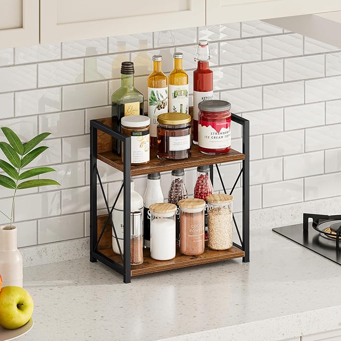 Giikin Kitchen Countertop Organizer, 2 Tier Spice Rack Organizer for Pantry, Kitchen Counter Shelf Wood Coffee Station Organizer (Brown, M) - Image 4