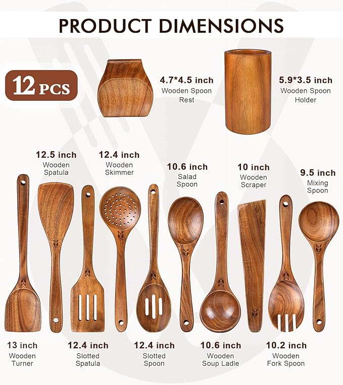 12 Pcs Teak Wooden Utensil Set with Holder & Spoon Rest, Wooden Spoons for Cooking with Comfort Grip, Wooden Cooking Utensils Set for Nonstick Cookware, Lightweight & Heat Resistant Kitchen Utensils - Image 3