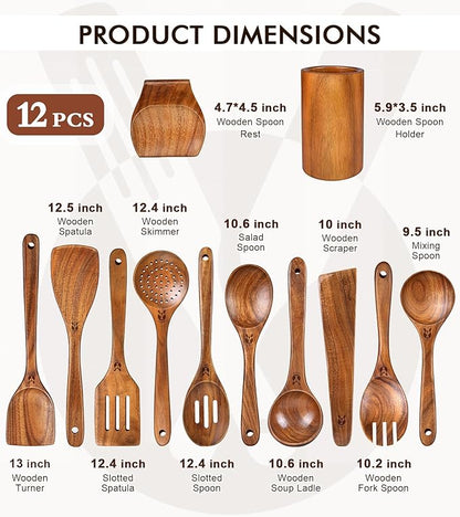 12 Pcs Teak Wooden Utensil Set with Holder & Spoon Rest, Wooden Spoons for Cooking with Comfort Grip, Wooden Cooking Utensils Set for Nonstick Cookware, Lightweight & Heat Resistant Kitchen Utensils - Image 3