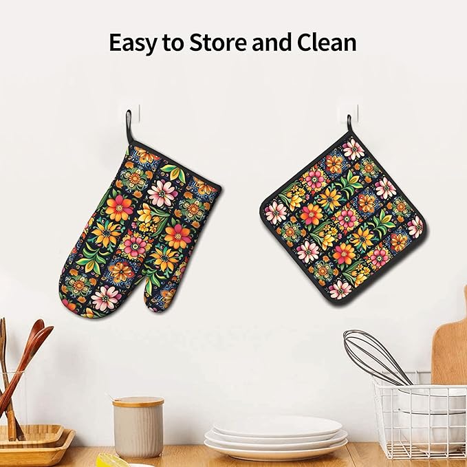 Mexican Oven Mitts and Pot Holders - Colorful Flowers Kitchen Mitt Sets of 2 Boho Oven Gloves Hot Pads for Cooking Baking Grilling - Image 6