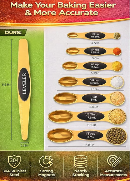 Magnetic Measuring Spoons Set with Strong N45 Magnets, Heavy Duty Stainless Steel Metal, Fits in Most Kitchen Spice Jars for Baking & Cooking, BPA Free, Multicolor, Set of 8 with Leveler(Gold) - Image 8