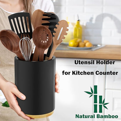 Black Utensil Holder Wood Kitchen Utensil Holder for Countertop, 360°Rotating Cooking Utensil Crock for Counter, 7.2" Large Utensil Organizer for Spatula Kitchen Decor - Image 3