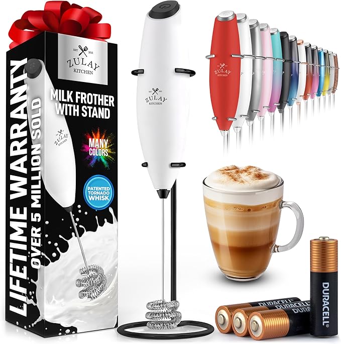 Zulay Kitchen Patented Tornado Triple Whisk Milk Frother with 4 Duracell Batteries – Handheld Foam Maker for Coffee, Lattes, Matcha & Hot Chocolate – Rich, Creamy Froth in Seconds - White & Black by ZulayKitchen