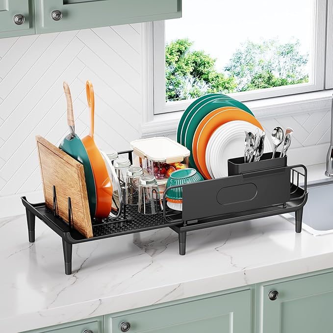 Large Extendable Dish Drying Rack, 16.93" to 26.57" Expandable Dish Rack for Kithen Counter, with Multifunctional Drainboard, Fits Any Sink, Heavy-Duty Steel Plate Drainer for Countertop Organization - Image 2