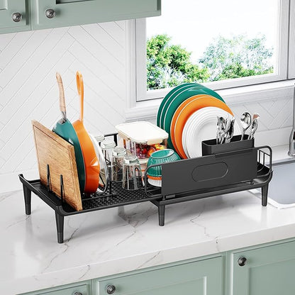 Large Extendable Dish Drying Rack, 16.93" to 26.57" Expandable Dish Rack for Kithen Counter, with Multifunctional Drainboard, Fits Any Sink, Heavy-Duty Steel Plate Drainer for Countertop Organization - Image 2