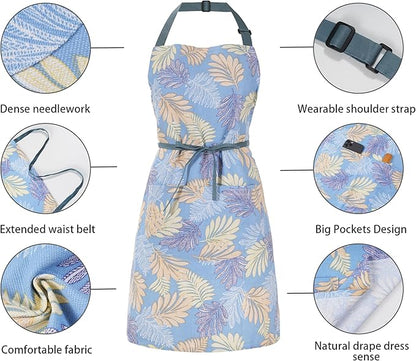 2 Pack Floral Apron for Women with Pockets, Adjustable Cotton Chef Aprons for Kitchen, Cooking, BBQ & Grill