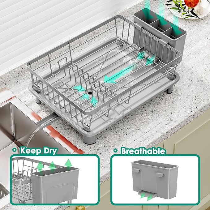 GAOKASE Dish Drying Rack, Stainless Steel-Dish Rack, Dish Racks for Kitchen Counter, Kitchen Dish Drainers with Removable Utensil Holder,New Drain Outlet,Plate Rack and Drainboard,(gray-11 W x 15" L) - Image 2