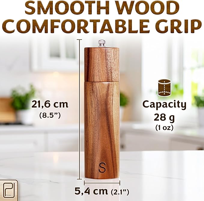 Premium Wooden Salt and Pepper Grinder Set - 28 g / 1 oz each, Acacia Solid Wood Mills - Refillable Coarse Grain Salt & Peppercorn Manual Twist Grinders - Modern or Rustic Home Table - by PJC-Kitchen - Image 5