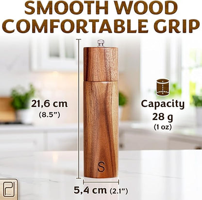 Premium Wooden Salt and Pepper Grinder Set - 28 g / 1 oz each, Acacia Solid Wood Mills - Refillable Coarse Grain Salt & Peppercorn Manual Twist Grinders - Modern or Rustic Home Table - by PJC-Kitchen - Image 5