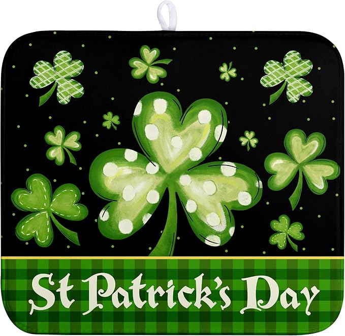 St Patrick's Day Dish Drying Mats for Kitchen Counter 16x18 Inch Lucky Clovers Shamrock Green Buffalo Plaid Drying Mat Microfiber Absorbent Dish Drying Pad Dish Drainer Rack Mats for Kitchen Sink by Kwlegh