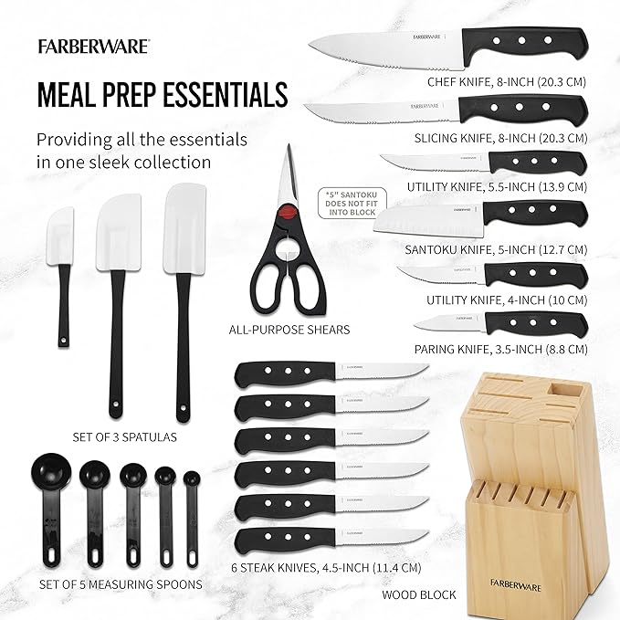 Farberware 22-Piece Never Needs Sharpening Triple Rivet High-Carbon Stainless Steel Knife Block and Kitchen Tool Set, Black, Durable AND Precision Cutlery - Image 2