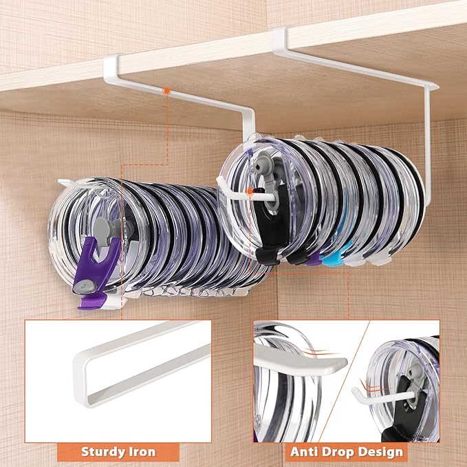 2 Pack Tumbler Lid Organizer, Horizontal Tumbler Lid Storage Hook Up to 20 Lids, Space Saving Cup Lid Holder Under Cabinet Tumbler Lid Hook for Kitchen Organizer, Paper Towel Hanger(Round&Flat, White) - Image 3