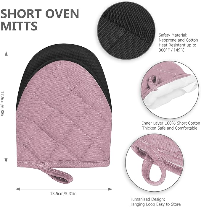 1 Pair Short Oven Mitts - Silicone Kitchen Oven Gloves High Heat Resistant 500℉, Mini Oven Mits with Non-Slip Grip Surfaces and Hanging Loop for BBQ, Baking, Cooking and Grilling (Pink) - Image 2