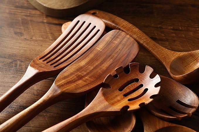 Wooden Kitchen Utensils set, 7Pcs Wooden Spoons for cooking Natural Teak Wood Kitchen Spatula Set for Cooking including Spoon Ladle Fork