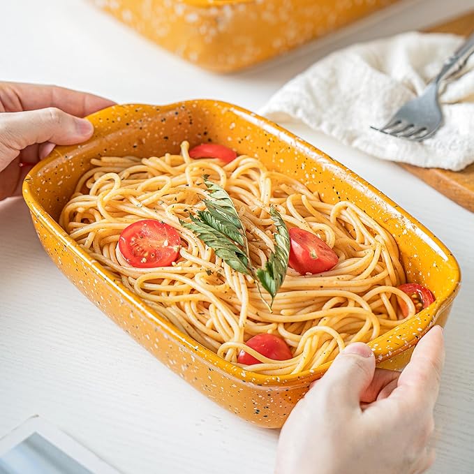 Ceramic Baking Dish Set of 3, Casserole for Oven,Rectangular Bakeware Dishes with Handles,Lasagna Pan Deep,Handcraft Speckle Stoneware Series (13.8''/12''/9.6''Orange) - Image 6