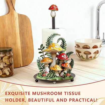 Thyle Mushroom Paper Towel Holder with Round Base Mushroom Bathroom Decor Gifts Rustic Dispenser Kitchen Paper Holder Stand for Christmas Housewarming Farmhouse Countertop Toilet Home Accessories