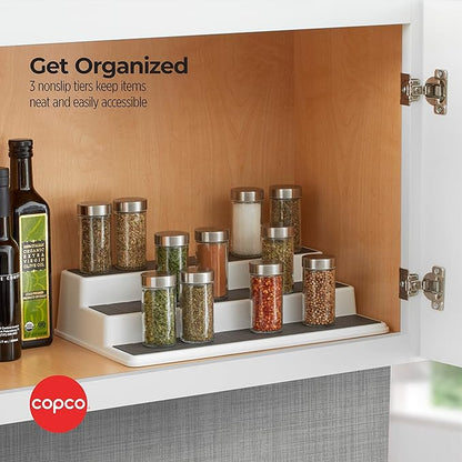 Copco 3-Tier Non-Skid Spice Rack Organizer for Kitchen Cabinet or Pantry, 15-Inch Tiered Shelf, White/Gray, Slip-Resistant Design for Jars and Bottles - Image 4