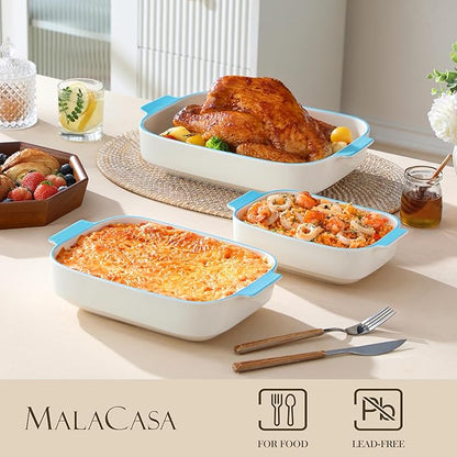 MALACASA Casserole Dishes for Oven, Ceramic Baking Dishes Set of 3, Rectangular Lasagna Pan Deep Baking Pans, Bakeware Sets with Handles Gift Set, White with Blue Trim(13.8''/11.7''/9.4''), Series BAKE - Image 3