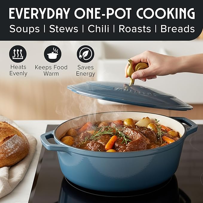 MUELLER HOME 5.5 Quart Enameled Cast Iron Oval Dutch Oven w Rooster Knob & Cotton Potholders, Heavy-Duty Cookware, Oven-Safe up to 500° F & Across All Cooktops, Gifts for Grandma & Women, Mineral Blue - Image 6