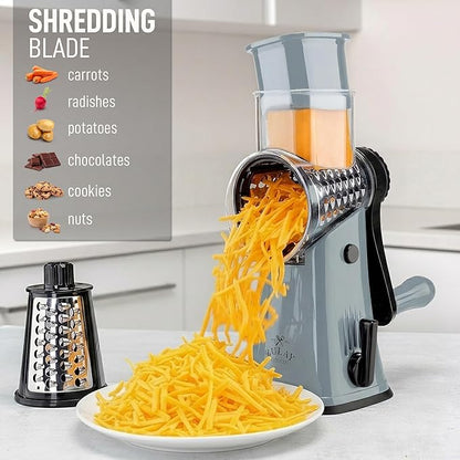 Zulay Kitchen Rotary Cheese Grater 5 Blade Cheese Shredder - Manual Hand Crank Cheese Grater With Reinforced Suction & 5 Interchangeable Drums - Easy to Use, Vegetable Chopper Round Mandoline Slicer - Image 3