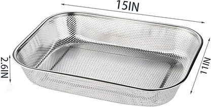 Cedilis 2 Pack Large Stainless Steel Colander Strainer, 6 Quart Mesh Vegetable Washing Basket, Rectangle Drainer Sink Basket for Vegetable Fruit Food (15" x 11" x 2.6")