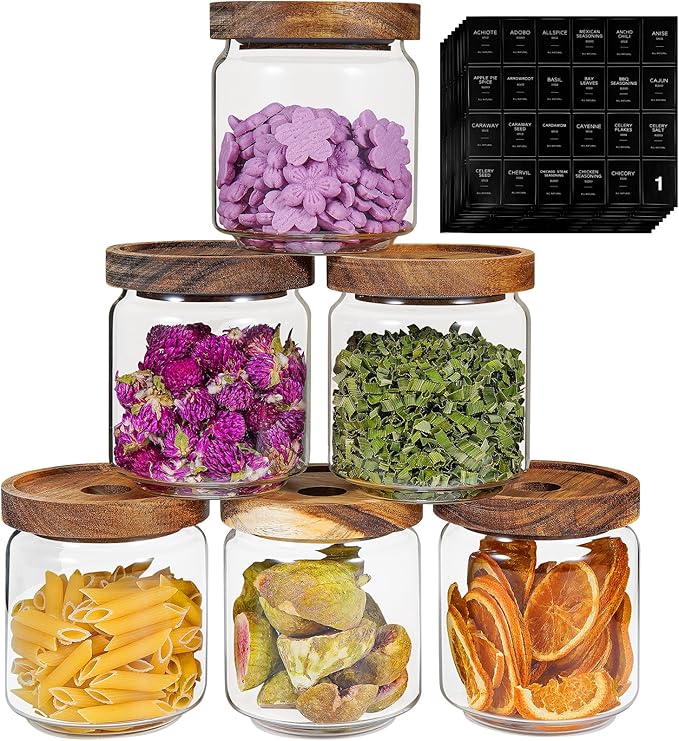 Small Glass Jars with Labels Spice Jar Round Storage Canister with Wooden Lid Clear Glass Food Jar for Pantry Sugar Tea Coffee Bean Spice Nuts Cookies Bath Salts (6 * 420ml(14oz)) by Patoper