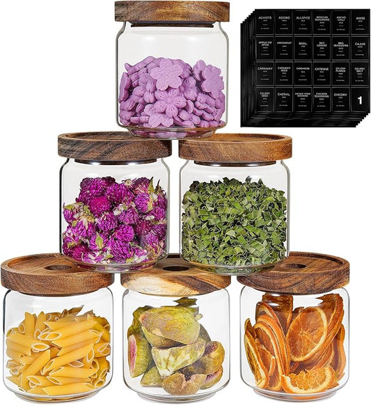 Small Glass Jars with Labels Spice Jar Round Storage Canister with Wooden Lid Clear Glass Food Jar for Pantry Sugar Tea Coffee Bean Spice Nuts Cookies Bath Salts (6 * 420ml(14oz)) by Patoper