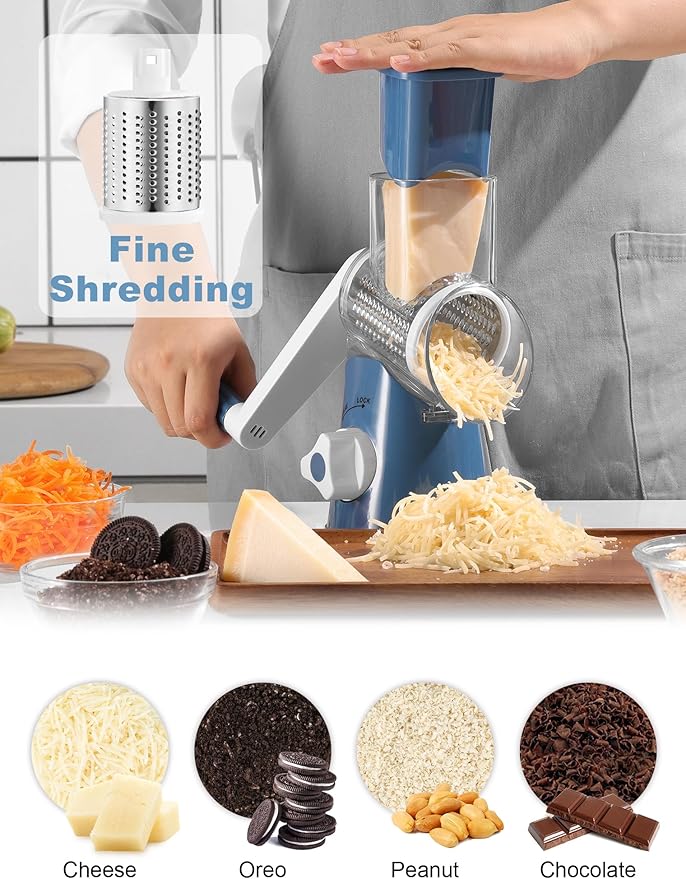 Cheese Grater Rotary, Rotary Grater for Kitchen, Kitchen Grater Vegetable Slicer with 3 Drum Blades, Fast Cutting Cheese Shredder for Vegetables and Nuts - Image 4