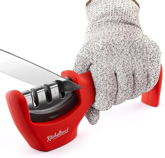 4-in-1 Kitchen Knife Accessories: 3-Stage Knife Sharpener Helps Repair, Restore and Polish Blades and Cut-Resistant Glove by KITCHELLENCE