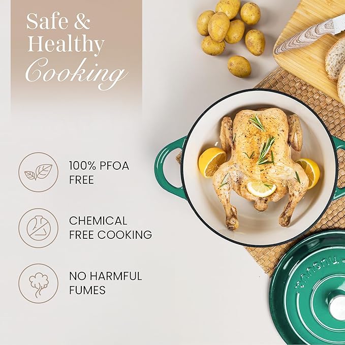 Nuovva Enamelled Cast Iron Dutch Oven Pot with Lid – 6.4 Quart Non Stick Casserole Pot – Heavy Duty & Oven Safe up to 500° F for Bread Baking, Braising, Stews, Roasting – 28cm Dark Green - Image 4