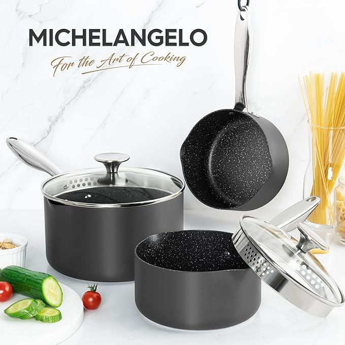 MICHELANGELO Hard Anodized Saucepan Set with Lids, Nonstick Saucepan with Pour Spouts & Strainer Lid for Easy Pour, Granite Derived Coating Sauce Pot Set - 1.5QT & 2QT &3QT Induction Sauce Pans - Image 7
