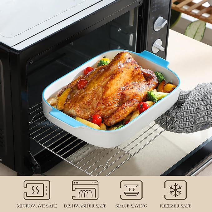 MALACASA Casserole Dishes for Oven, Ceramic Baking Dishes Set of 3, Rectangular Lasagna Pan Deep Baking Pans, Bakeware Sets with Handles Gift Set, White with Blue Trim(13.8''/11.7''/9.4''), Series BAKE - Image 4