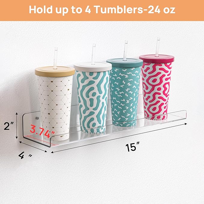 upsimples Acrylic Shelves for Bathroom Storage, 15" Floating Shelves Wall Organizer for Perfume, Make up, Skincare, Kids Bookshelf for Bedroom, Nursery, Living Room Decor, Clear, 4 Pack - Image 2
