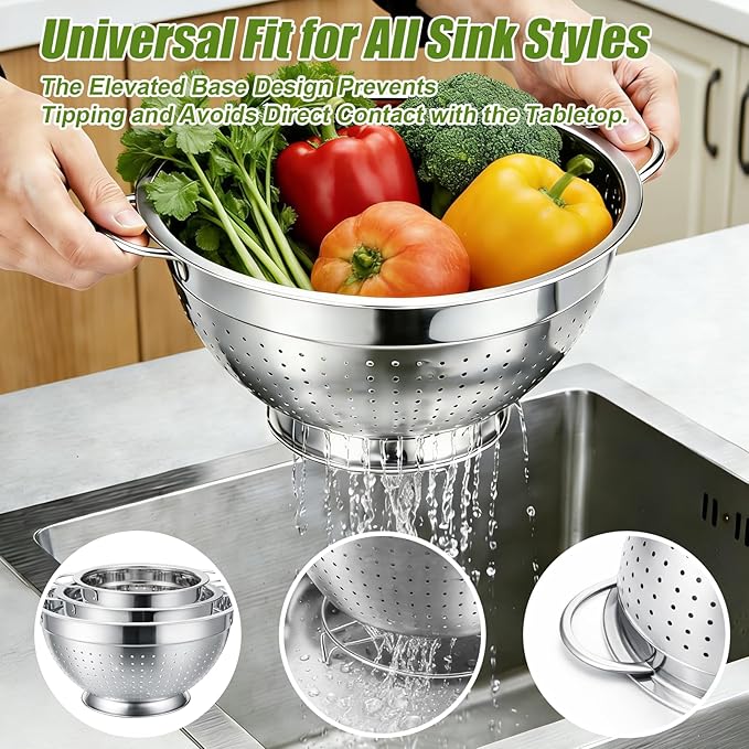 Palksky Stainless Steel Colander Set with Handles & Self-Draining Base, 3 Sizes (7”, 9”, 11”), Heavy Duty Pasta Strainer, Rice & Vegetable Strainer, Countertop Draining System - Image 2