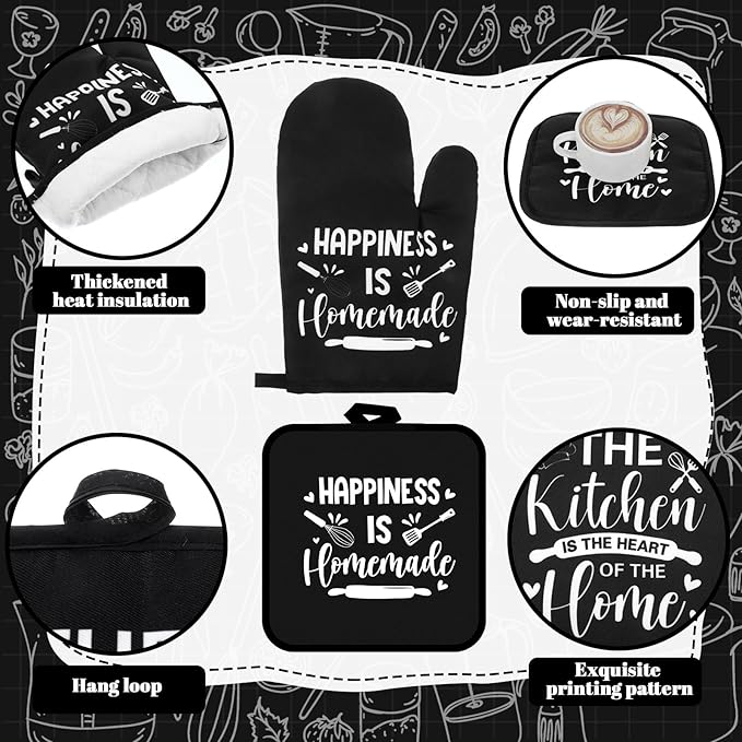 Fourluoo 10 Pcs Farmhouse Kitchen Decor and Accessories Set 4 Kitchen Towels 2 Pot Holders 2 Oven Mitts 2 Rugs for Cooking Baking Mom Housewarming Gifts(Black,Classic Style) - Image 5