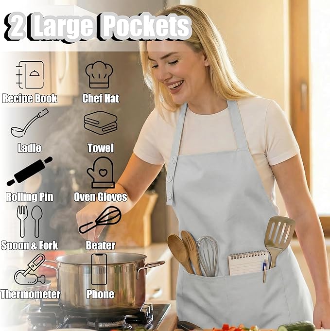 TOSHE Kitchen Apron Waterdrop Resistant Cotton Apron with adjustable Aprons for Women with Pockets 10 Color option Cooking Silver Apron (Silver) - Image 2