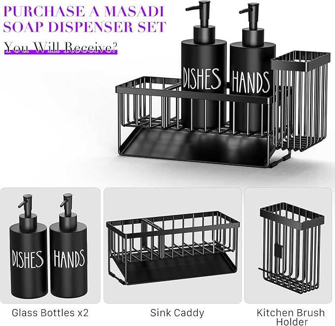 MASADI Kitchen Dish Soap Dispenser Set with Sponge Holder, 12OZ Glass Bottle, Hand and Dish Soap Dispenser Set, Non-Slip Silicone Pad, Brush Holder, Kitchen Sink Organizer Countertop (Black) - Image 2