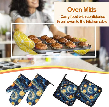 Abstract Starsky Oven Mitts & Potholder Set of 4 - Heat Resistant Kitchen Gloves Hot Pads for Baking, Cooking, Gifts for Women