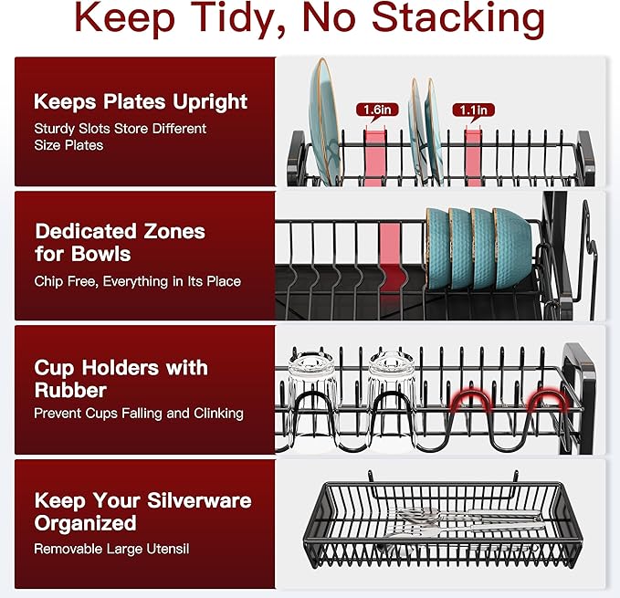 2 Tier Black Dish Drainer Drying Rack for Kitchen Counter, Large Stainless Steel Dishes Dryer with Drainboard, Space Saving, Big Rustproof Metal Modern Countertop Plates Strainer with Utensil Holder - Image 7