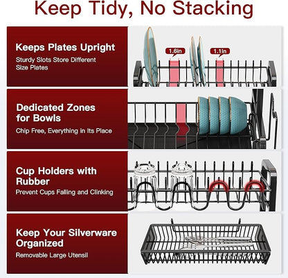2 Tier Black Dish Drainer Drying Rack for Kitchen Counter, Large Stainless Steel Dishes Dryer with Drainboard, Space Saving, Big Rustproof Metal Modern Countertop Plates Strainer with Utensil Holder - Image 7